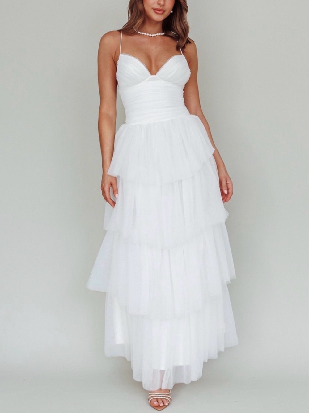 Selfie Leslie White Tiered Tulle Maxi Dress with Spaghetti Straps